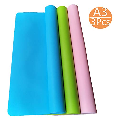 ONDY 3 Pack A3 Extra Large Silicone Sheet for Crafts Jewelry Casting Molds Mat, Food Grade Silicone Placemat, Waterproof Nonstick Heat-Resistant Mat (15.7X 11.8 inch) (Blue & Pink & Green)
