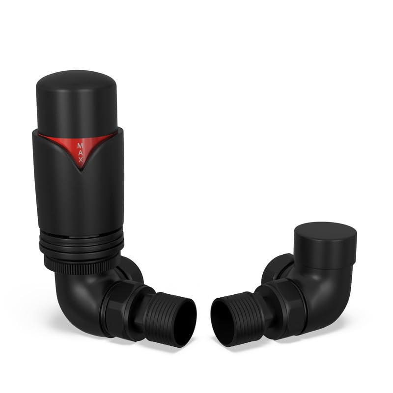 UK Radiators Black Thermostatic Radiator Valve and Corner Lockshield Valve - Matt Black Finish - Classy and Modern Design 1/2" x 15mm Corner Radiator Valve