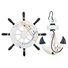 BUYGOO 2 Pack Nautical Decor 13" Wooden Ship Wheel and Wood Anchor with Rope Nautical Boat Steering Rudder Wall Decor Door Hanging Ornament Beach Theme Home Decoration