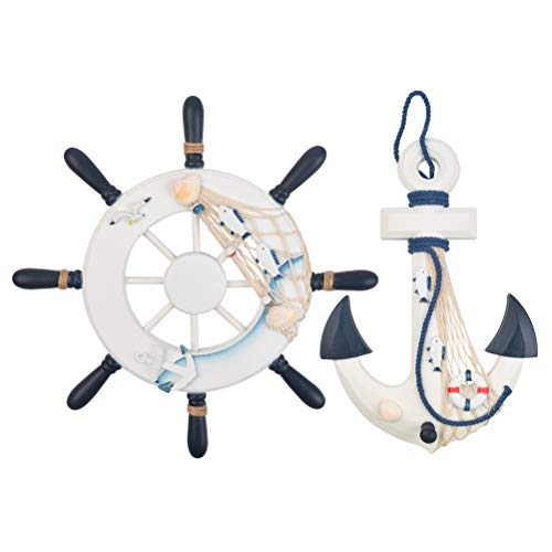 BUYGOO 2 Pack Nautical Decor 13" Wooden Ship Wheel and Wood Anchor with Rope Nautical Boat Steering Rudder Wall Decor Door Hanging Ornament Beach Theme Home Decoration