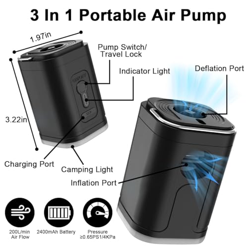 Electric Air Pump for Inflatables, 2400mAh Rechargeable Air Mattress Pump Quick Inflator Deflator Mini Portable Vacuum Pump 5 Nozzles & 3-Speed Camping Light for Pool Floats Vacuum Storage Bag Air Bed