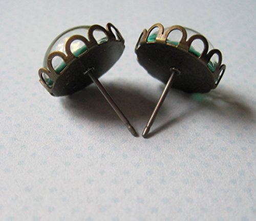 Antiqued Gold-tone Teal Blue Green Glitter Glass Stud Earrings Hand-painted 12mm - Thumbnail 5