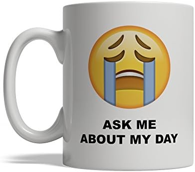 BijouLand - Ask Me About My Day Funny Smile Emoji, Ceramic Coffee Mug 11oz Made in USA Fast Shipping