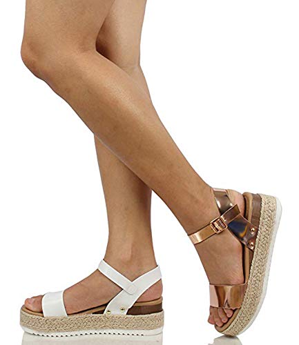 Ecolley Casual Sandals for Women Sexy Plain Ankle Strap Open Toe Espadrille Platform Size 42 - Thumbnail 7