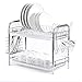 Glotoch 2-Tier Full Sized Dish Drying Rack with Mounted Utensil Holder and Cup Holder with Dish Water Drain Board Tray Rustproof Chrome Plating 16.5 x 9 x 14 Inches Space Saving Kitchen Organizer