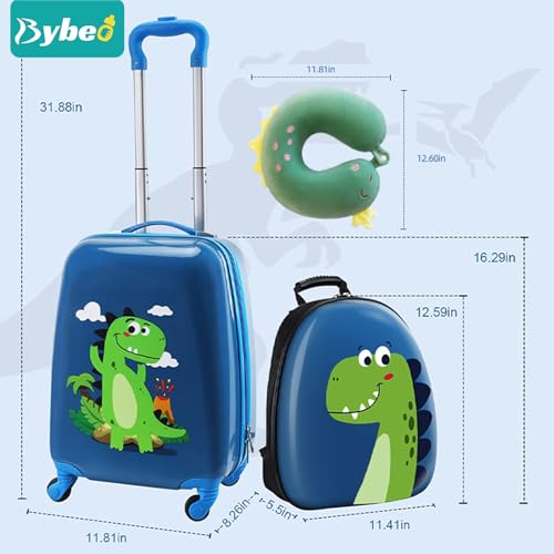 3Pcs Kids Luggage Set, 18 Inch Children Travel Suitcase, Cartoon Rolling Luggages, Child Trolley Bag with 14-Inch Backpack, U-Shaped Pillow, Wheels and Telescopic Handle (Blue)