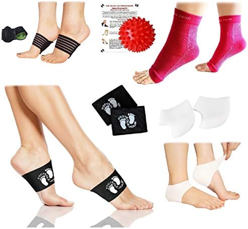 Plantar Fasciitis Relief & Recovery Kit (9 pcs) - Foot Compression Sleeve, Copper Arch Compression Brace, Arch Support, Heel Protectors, Foot Massage Ball for Foot Pain Relief
