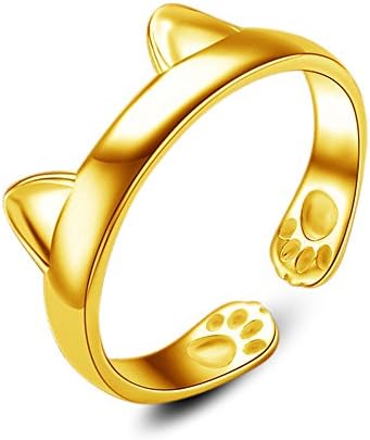 INNERSO Women's 925 Sterling Silver Gold Rings Simple Cute Cat Design Opening Finger Ring Dragon Cat Rings Gothic Genuine Evening Party Knuckle Ring - Gold