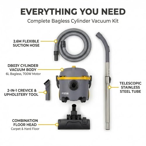 Dusty Bin DB03Y Bagless Vacuum Cleaners - Lightweight Cylinder Vacuums for Hardfloor & Carpet, Large 6L Canister, Powerful Corded Vacuum Cleaner for Car, Stairs & Pet Hair, Compact & Portable Vacuums