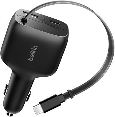 Cargador Coche Carga Rápida de 75W con Cable USB C Retráctil, Cargador Móvil Coche 3 en 1, iPhone 17 y 16 Series, Galaxy S25, AirPods, Tabletas, MacBook, Chromebook y Otros, Accesorios de Viaje