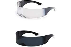 Futuristic Space Glasses, Narrow Lens Mirrored Wrap Visor Costume Flat Eyeglasses, Rimless Fast Glasses with Mirrored Lens