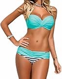 Happy Sailed Women Push Up Two Piece Bikini Swimsuits Bandeau Bathing Suits, Small Blue