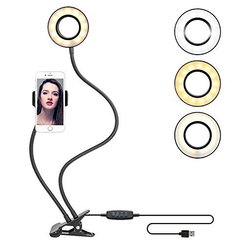 Clamp-on Gooseneck LED Selfie Ring Light with Cell Phone Stand for Live Stream Flexible Cellphone Clip Holder with Lazy Bracket Desk Lamp for Living Bedroom Office Kitchen Essential for YouTuber