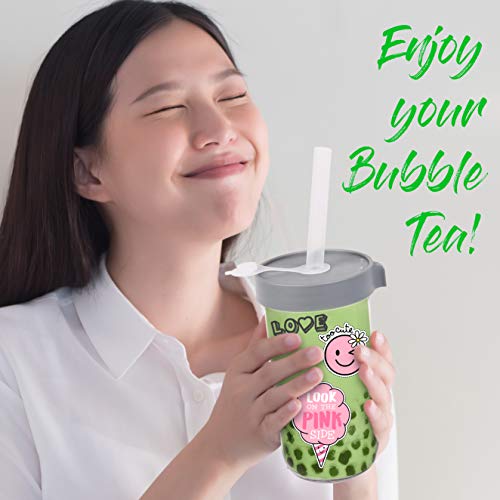 Reusable Boba Cup with Lids and Straw (22oz Set of 2 Glass Bubble Tea