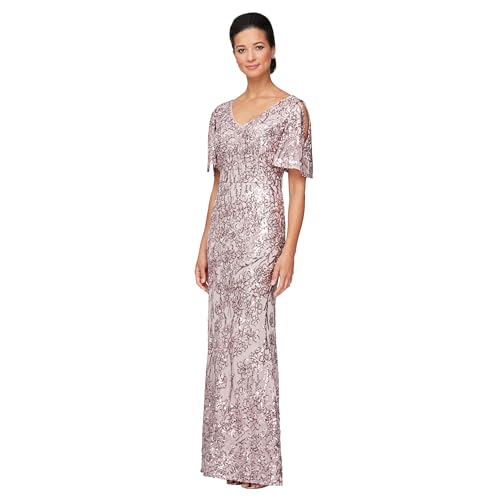 Alex Evenings Long Mother of The Bride Sequin Dress with Cold Shoulder Flutter Sleeves (Petite and Regular Sizes) Vestido para ocasión Especial, Rubor, 50 para Mujer