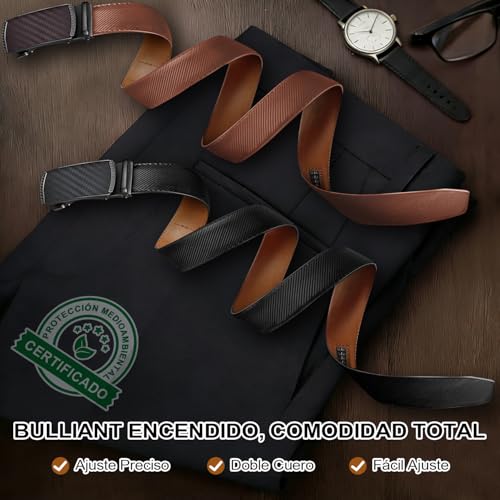 2 Cinturones de Piel Genuina para Hombre-120 CM, Cinturón Ajustable y Recortable para Hombre, Hebilla Automática de Trinquete, Regalos del Día del Padre para Papás, Esposos y Novios