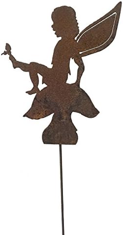 Elegant Garden Design Fairy on Mushroom Stake, Steel Silhouette with a Rusty Patina