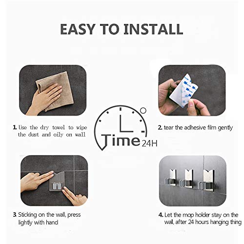 Mop Broom Holder Racks 304 Stainless Steel 3M Self Adhesive Heavy Duty Wall Mounted Mop Organizer Storage Clip Multi-Used for Garage Kitchen and Bathroom (2 Pack)