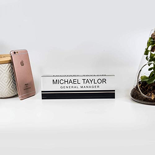 Artblox Office Desk Name Plate Personalized - Printed on Premium Clear Acrylic Glass Block Unique Designer Name Plates for Desks Accessories - (8"x2.5") - Black Stripe