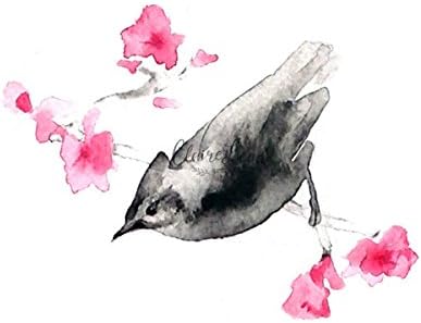 Hand Signed Limited Edition PRINT - Watercolor Bird Print with Pink Cherry Blossom from Original Animal Painting - 5 x 5 inches - Miniature Art - Birds