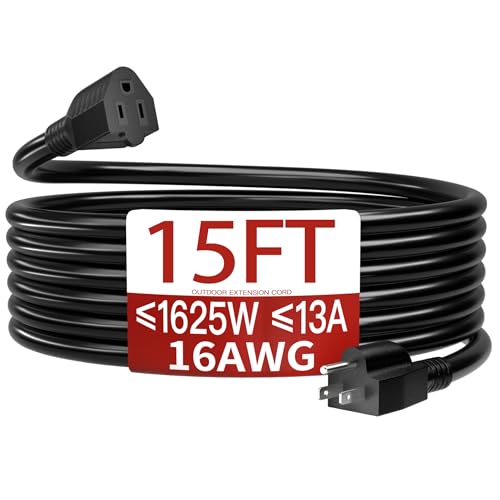 Skrizcable Verlängerungskabel für den Außenbereich, 16/3 m, wasserdicht, wetterfest und feuerfest, schwarz, 3-poliges Stromkabel für Rasen und Garten,