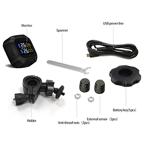 B-Qtech Tire Pressure Monitoring System Wireless Motorcycle Motorbike TPMS Universial Tires Alarm System Waterproof LCD Display with 2 External Sensors for Two-Wheeled