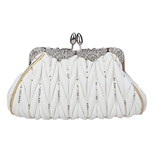 Fawziya Kiss Lock Crystal Flower Sequins Evening Clutch Bags And Handbags for Women-White