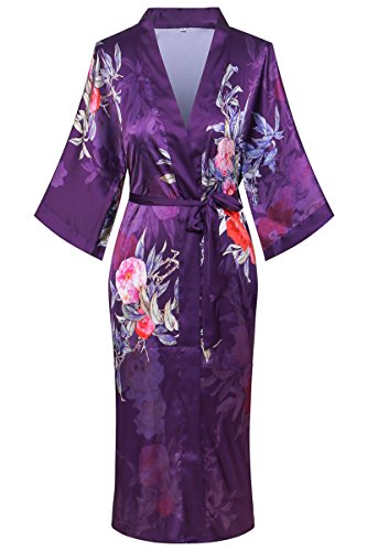 Old-to-new Women's Long Lightweight Elegant Kimono Robe Silk Bathrobe Dressing Gown with Fur- Watercolor Floral