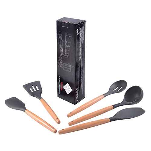 SAVORLIVING Silicone Kitchen Utensil 5 Pieces Set with Wooden Handle, Cooking Tools including Spatula,Turner, Soup Ladle, Serving Spoon,Slotted Spoon, 7.9 inches , Grey
