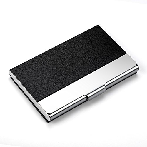 Business Card Holder Case, AHGXG Professional Slim Name Card Case Credit Card ID Holder/Case PU Leather&Stainless Steel Metal Wallets For Men&Women, Keep 20 Business Cards, Black - Thumbnail 7