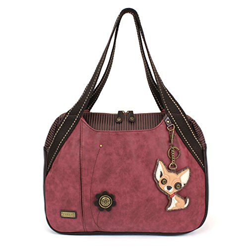 Chala Handbag Shoulder Purse Tote Bag with Animal Purse Charm (835GY) (Burgundy Chihuahua)