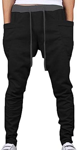 TOP HERE Men's Drop Crotch Funnel Pockets Drawstring Harem Pants Casual Jogging Sweatpants Running Trousers Large Black