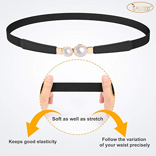 JASGOOD Women Elastic Waist Thin Belt, Fashion Double Pearls Buckle Belt Plus Size