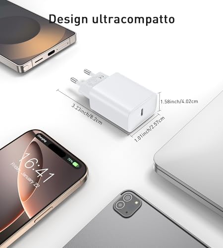30W Caricatore USB C Rapido for iPhone 17 16 15/17 16 15 Pro/17 16 15 Pro Max/17 Air/16 15 Plus/iPad Pro/Mini/Air, Samsung Galaxy, Tipo C Cavetto Ricarica per USBC Carica Batteria con Cavo 2M