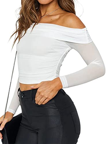 REMIDOO WOMEN’S SEXY LONG SLEEVE OFF SHOULDER MESH CROP TOP GOING OUT T SHIRT WHITE X-SMALL
