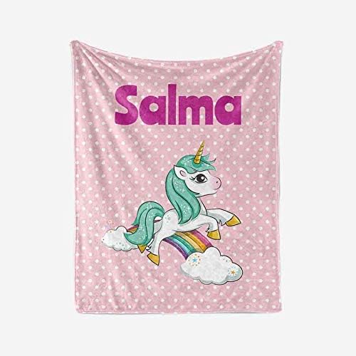 Bouncing Brick Designs Salma - Personalized Unicorn Throw Blanket, Soft White Premium Sherpa Material, 50x60 Inches, Birthday Present, Unique Special Fun Idea