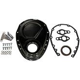 Compatible/Replacement for Chevy Small Block 283-305-327-350-400 Steel Timing Chain Cover Set w/Timing Tab - Black