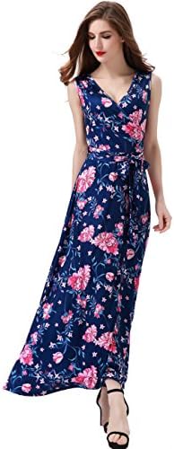 Melynnco Women's Floral Sleeveless Faux Wrap V Neck Long Summer Maxi Dress Large Navy