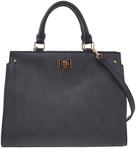 Haute Collection Women's PU Leather Top Handle Cross Body Fashion Handbag (Black/Gold, Medium)