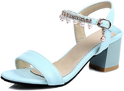 Noebo Women's Leather Summer Fashion Pearls Heel Sandals Blue 37 6.5 D(M) US