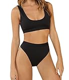 Nulibenna Women's Solid Scoop Tankini Cropped Top High Waist Cut Bikini Swimsuit Black XL