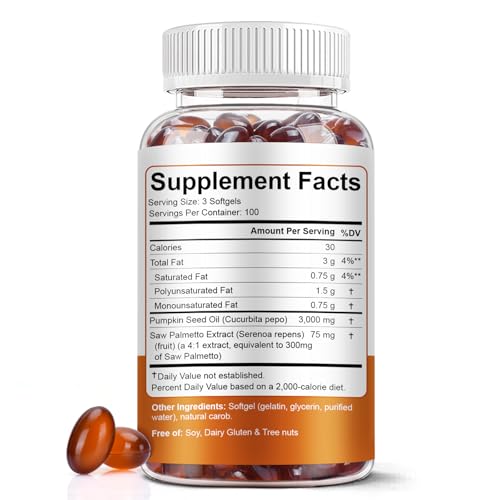 Pumpkin Seed Oil with Saw Palmetto Softgels, 3000mg Per Serving, 300 Softgels | Cold-Pressed with Essential Fatty Acids & Phytosterols | Supports Hair, Urinary, Bladder & Prostate Health | Non-GMO