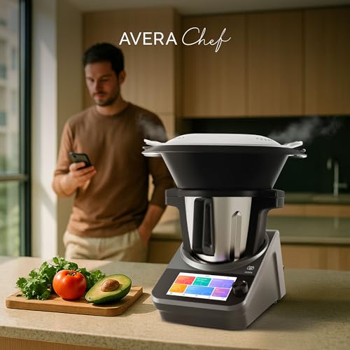 AVERA Chef Robot de Cocina Inteligente Capacidad 4.7 L, Control WIFI y pantalla táctil con 1850 recetas digitales,19 programas, 30 Funciones como: vaporera, batir, amasar, picar, pesar | RC01