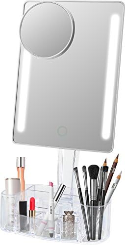Lighted Makeup Mirror, LEJU Touch Screen LED Table Makeup Mirror -Three Panel 21pcs Led Light Tabletop Cosmetic Mirror with USB Cable,2X and 3X Magnification ¡­ (Mirror with Makeup Organizer)