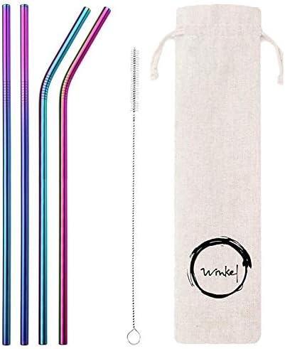 WINKEL Set 4 Stainless Steel Straws Ultra Long 8.5 Inch Reusable Drinking Metal Straws for Cold Beverage (2 Straight|2 Bent|1 Brush|1 Pouch) Rainbow