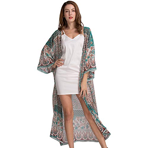 Women's Loose Kimono Cardigan Floral Print Long Sleeve Cover Up Beach Coverups Bathing Suit for Women (Coffee)