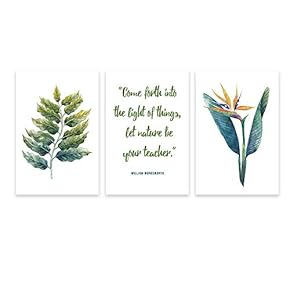 3 Panel Canvas Wall Art - Tropical Plant Leaves and Inspirational Quotes - Giclee Print Gallery Wrap Modern Home Art Ready to Hang - 16"x24" x 3 Panels