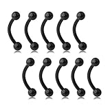 Ruifan Lot of 10 Black Titanium Anodized Eyebrow Piercing Jewelry Curved Barbell with Ball Kit Eyebrow Tragus Lip Ring 16g 16 gauge 8mm