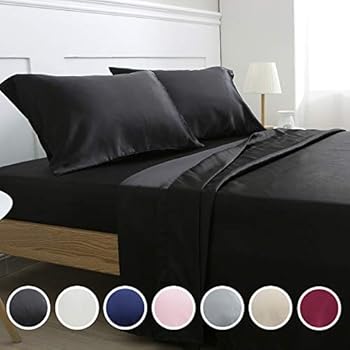 Vonty Satin Sheets King Black Silky Satin Sheet Set, Deep Pocket Fitted Sheet + Flat Sheet + Pillowcase Bedding Set 4pcs