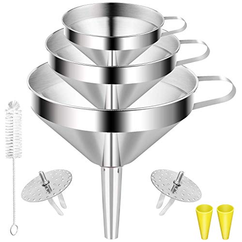 Funnel, PEYOU® Multi-use Large Stainless Steel Flask Funnel Kitchen Set 3 Pack Funnels (5.7'' + 5.0'' + 4.1'') with 2 Removable Strainer Filter for Transferring of Liquid, Fluid, Cooking Oils, Jam, Dry Ingredients & Powder And 1 Pcs Cleaning Brush